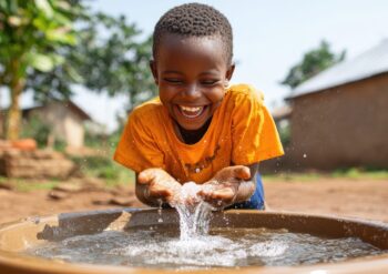 A joyful child plays with water while smiling, enjoying a sunny day in an outdoor setting.